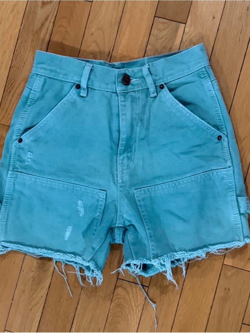 BDG Turquoise High-Rise Distressed Jean Shorts